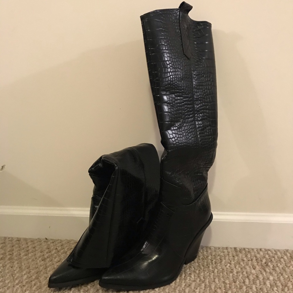 Black Faux Croc Western Style Knee-high Boots